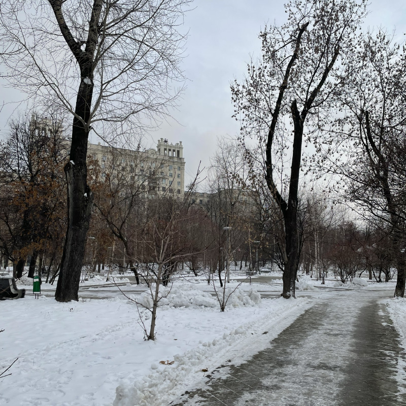 Дорога ведет через симпатичный парк. Хотела бы я когда⁠-⁠нибудь пожить в подобной сталинке. Мне кажется, это невероятно передает атмосферу старой Москвы