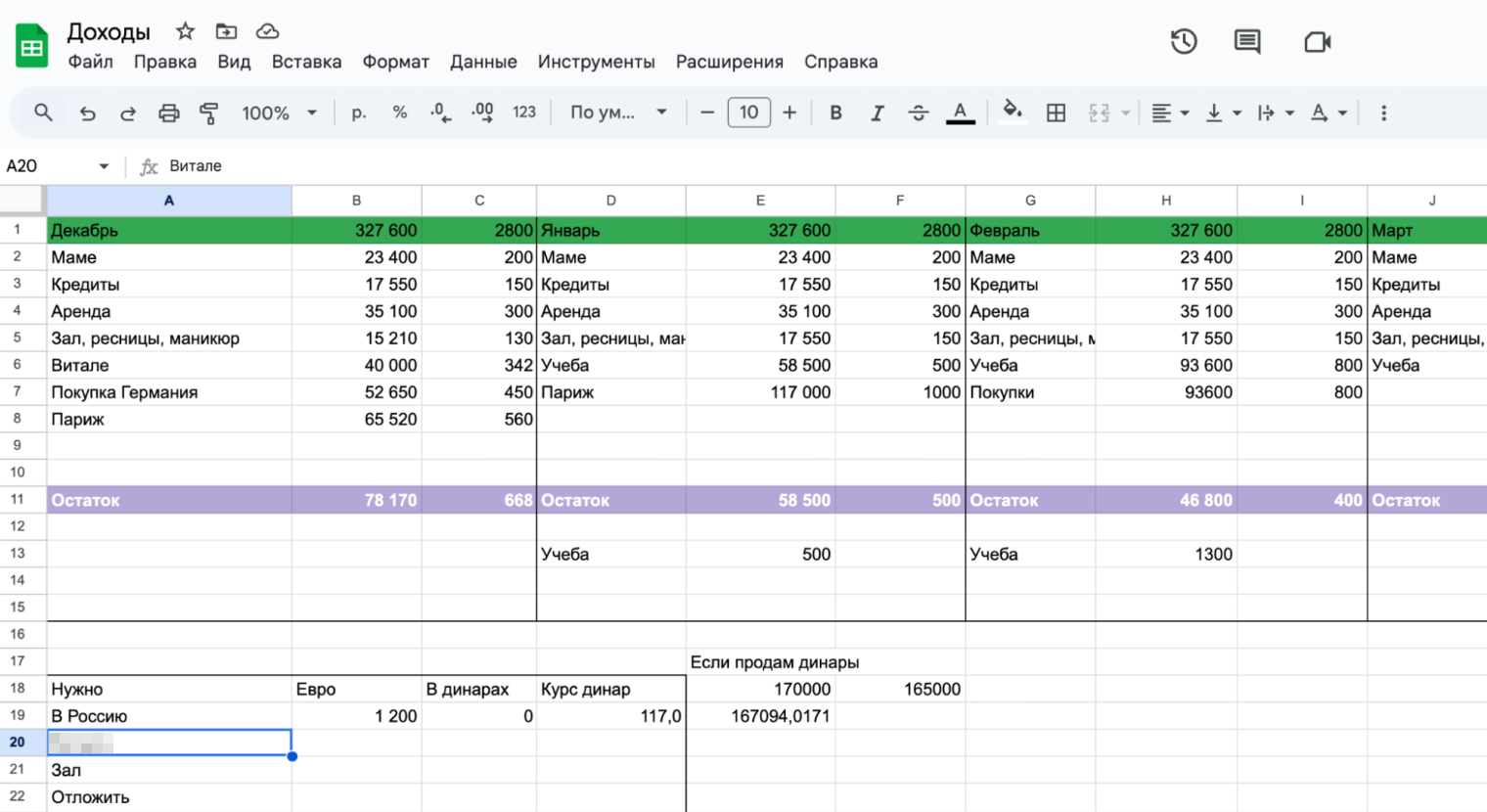 В такой таблице веду бюджет для себя. Переводы в трех валютах путают, а так получается немного систематизировать