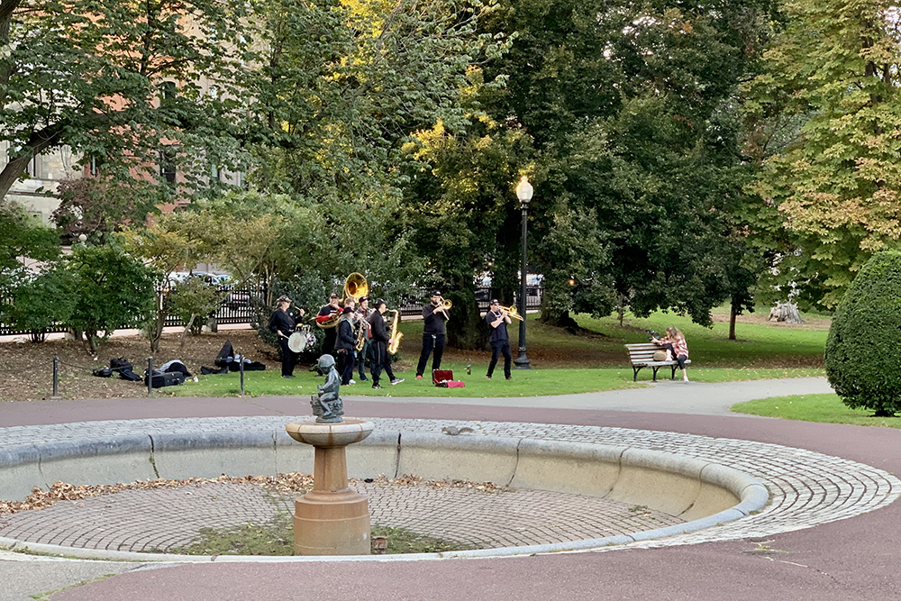 В парке играет группа, исполняют каверы популярных песен