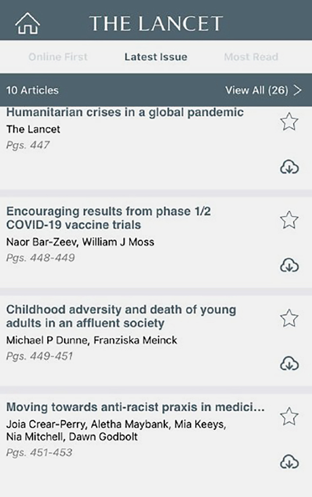 Мобильное приложение журнала Lancet с последними статьями в номере Global Health