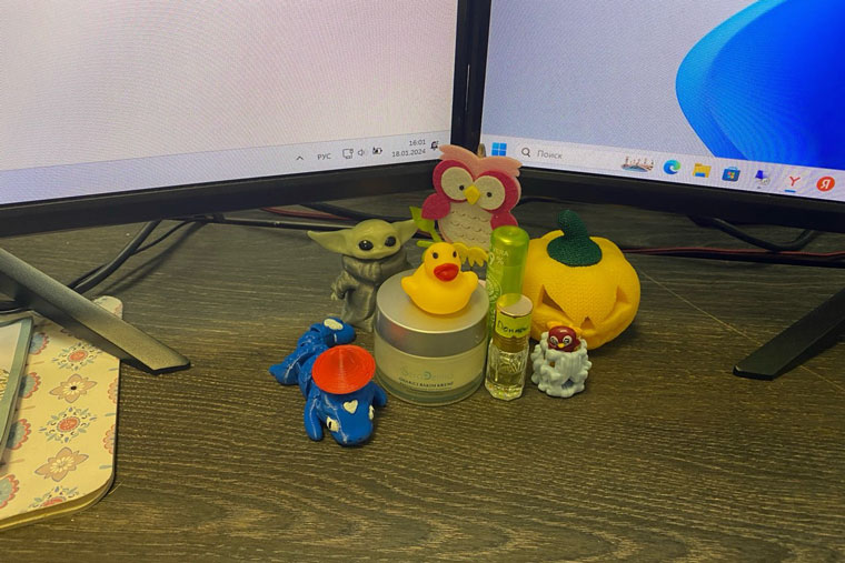 На столе у меня небольшой зверинец, как его называет руководитель. Некоторые предметы напечатаны на 3D⁠-⁠принтере
