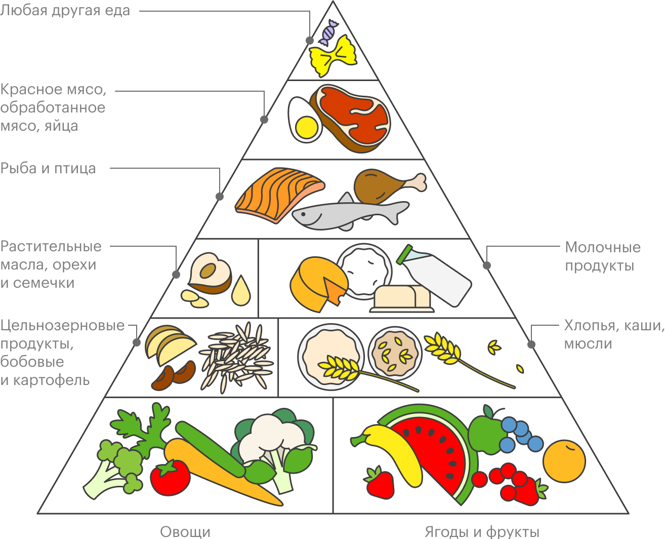 Пирамида средиземноморской диеты — на нее можно ориентироваться, выбирая, какие продукты добавить в рацион или убрать из него