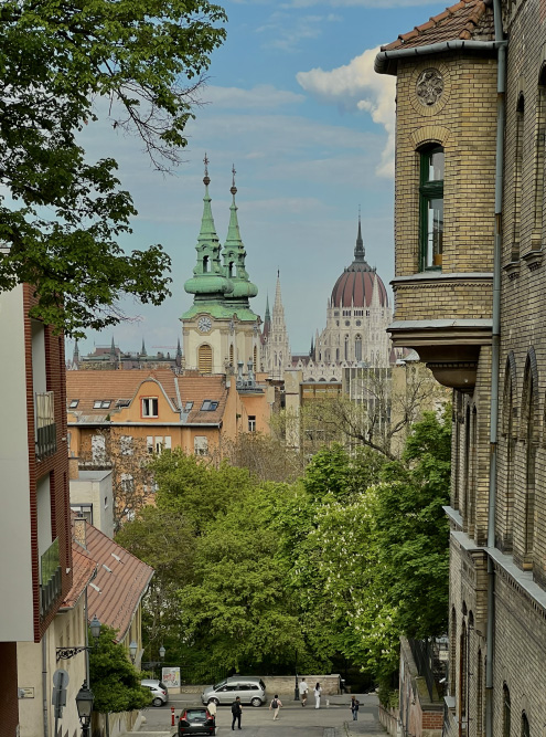 Таким нас встретил Будапешт в апреле. Все уже цвело и было тепло. На фоне — башни церкви 17 века и знаменитый венгерский парламент