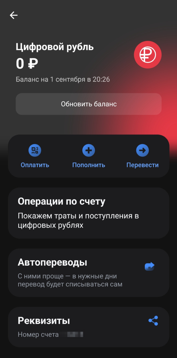 Так в приложении Т-Банка выглядит открытый кошелек для цифрового рубля