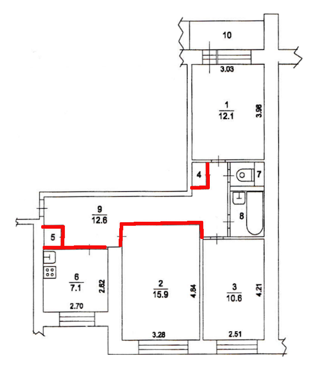Это планировка квартиры. Я решил избавиться от выделенных красным элементов: перегородок на кухне и в большой комнате, встроенных шкафов и антресоли (на схеме не показана)