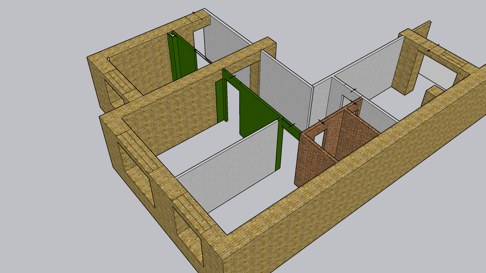 Модель квартиры после окончания ремонта. Зеленым выделены новые перегородки, которые я планирую сделать из пазогребневых блоков