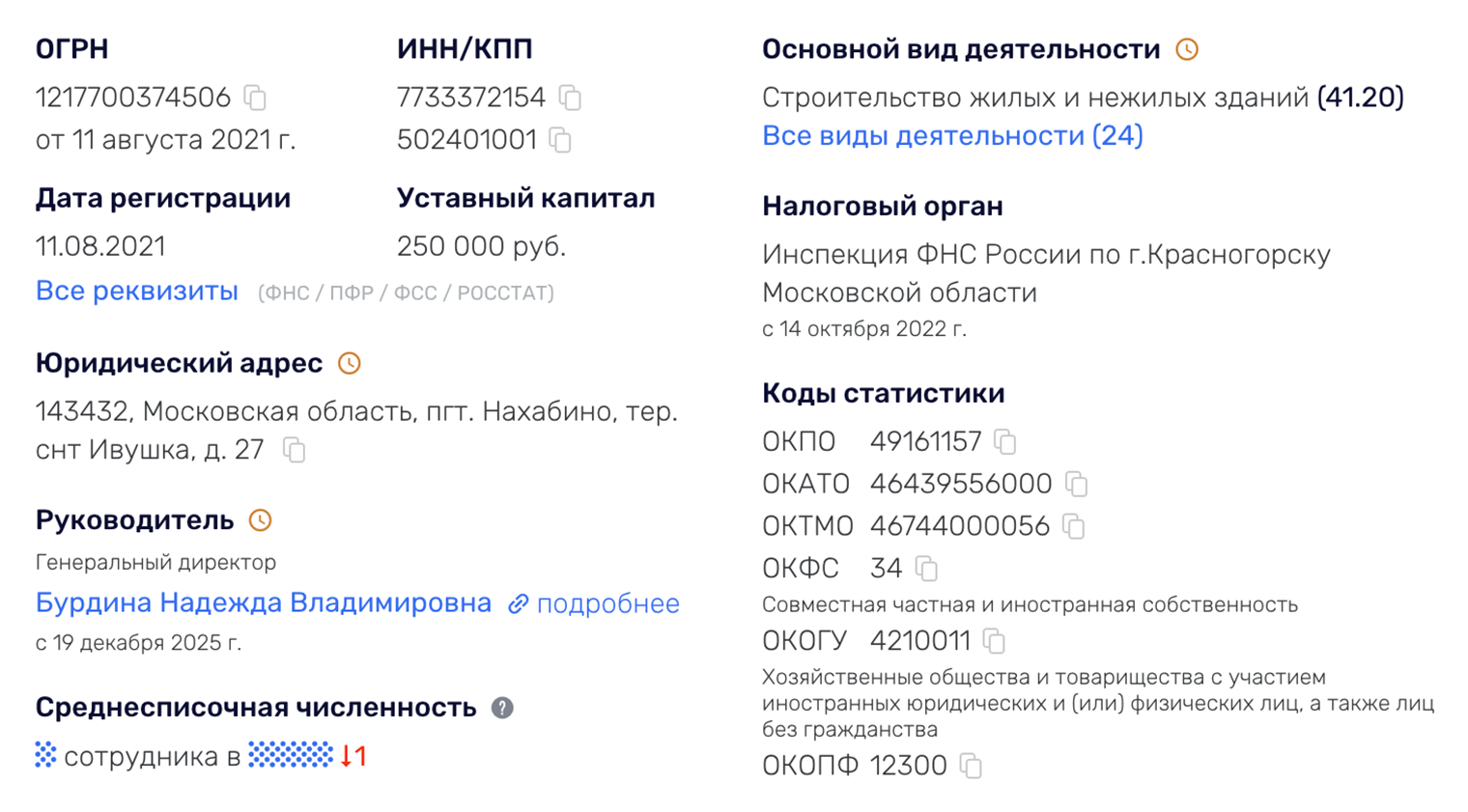 По реквизитам пробивается микропредприятие с уставным капиталом 250 000 ₽ и штатом в три человека. Но факт — компания реально строит и прошла проверку на «Дом-рф». © rusprofile.ru
