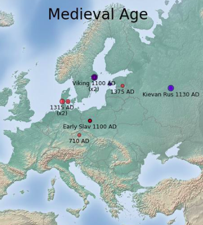 А вот здесь жили мои предки — викинги, народы Киевской Руси и ранние славяне около 1100 года нашей эры, на рубеже 11⁠—⁠12 веков