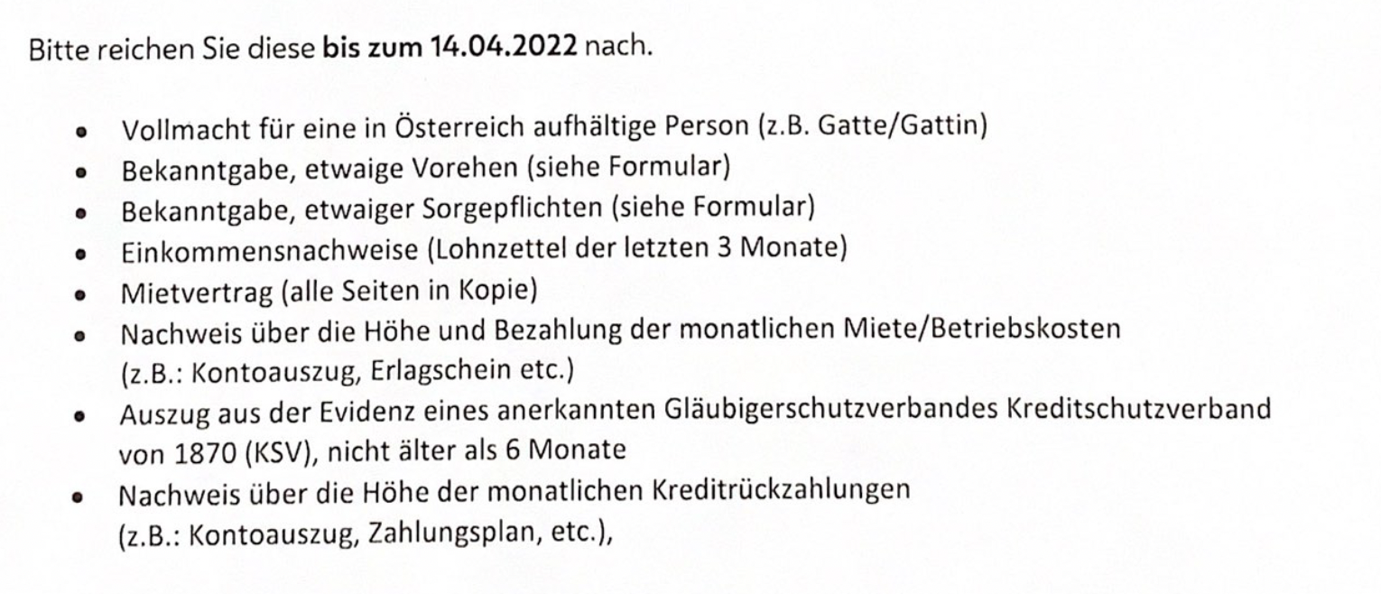 Так выглядит список документов в письме от иммиграционного офиса в Вене