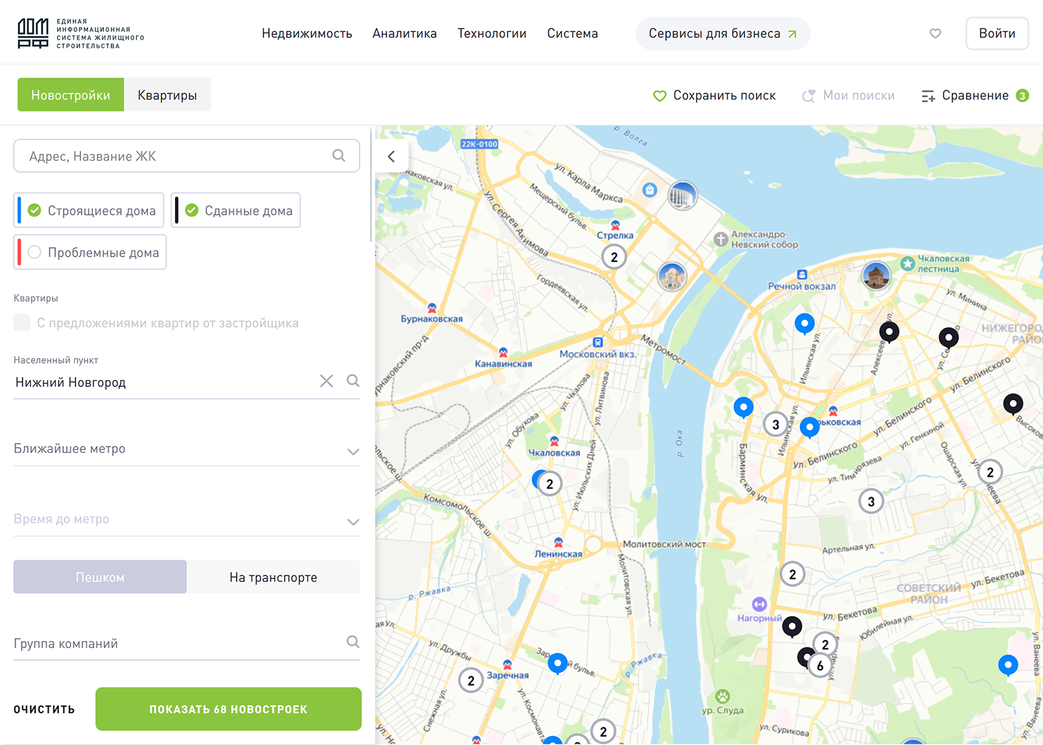 В личном кабинете сервиса можно выбрать строящиеся дома или готовые, узнать, какие объекты считаются проблемными, и подписаться на изменения по выбранному ЖК. Источник: наш.дом.рф