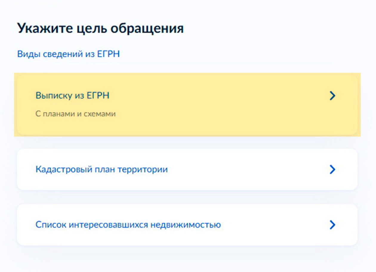 Откроется страница «Укажите цель обращения». Вам нужно выбрать пункт «Выписка из ЕГРН с планами и схемами»