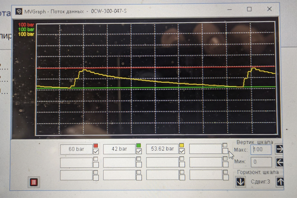 Так должен выглядеть график нормальной работы масляного насоса мехатроника DQ200. Насос накачивает давление от 42 до 60 бар буквально за 1⁠—⁠3 секунды, после чего отключается примерно на 10⁠—⁠15 секунд