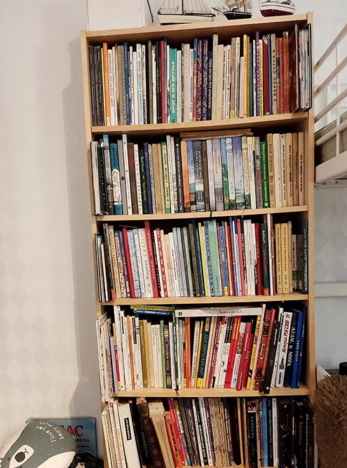 Домашняя библиотека в прихожей и детской: на 80% здесь детские книги — современные и старые советские. В гостиной еще один стеллаж: детективы, фантастика и фэнтези любимых авторов