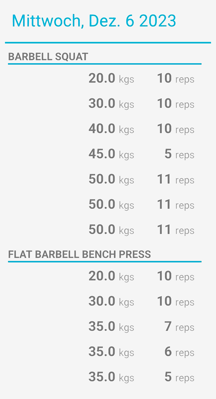 Это скрин из приложения, в которое я записываю веса и количество повторений во время тренировки: помогает отслеживать прогресс