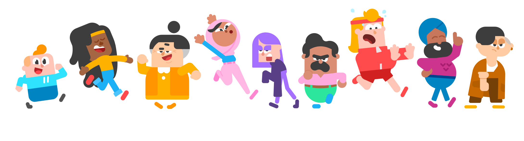 Ключевые персонажи в сборе. Слева направо: Джуниор, Беа, Люси, Зари, Лили, Оскар, Эдди, Викрам и Лин. Источник: blog.duolingo.com