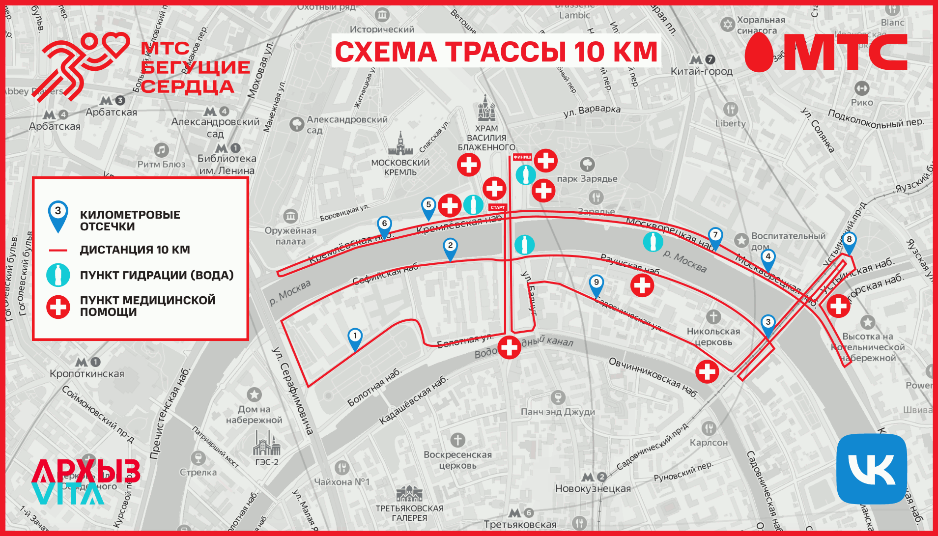 Так выглядела схема трассы на 10 км — бежали по центральным и самым красивым улицам Москвы. Источник: runninghearts.ru