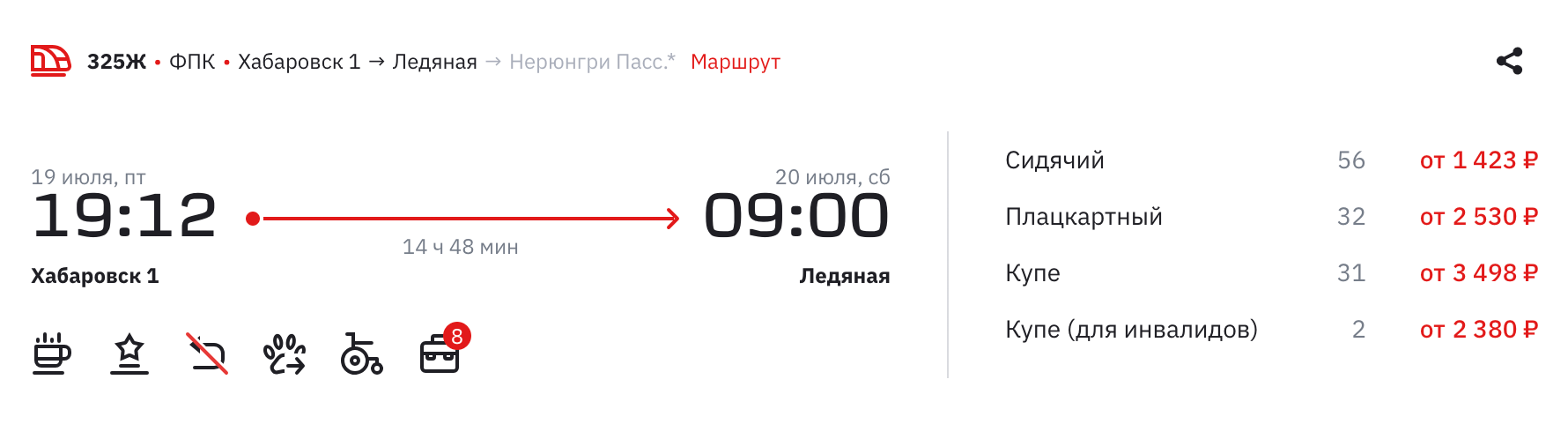 Поезд № 325Ж, на котором едут в тур «Просто космос», отправляется в 19:12 из Хабаровска и прибывает в 09:00 на станцию Ледяная. Источник: ticket.rzd.ru