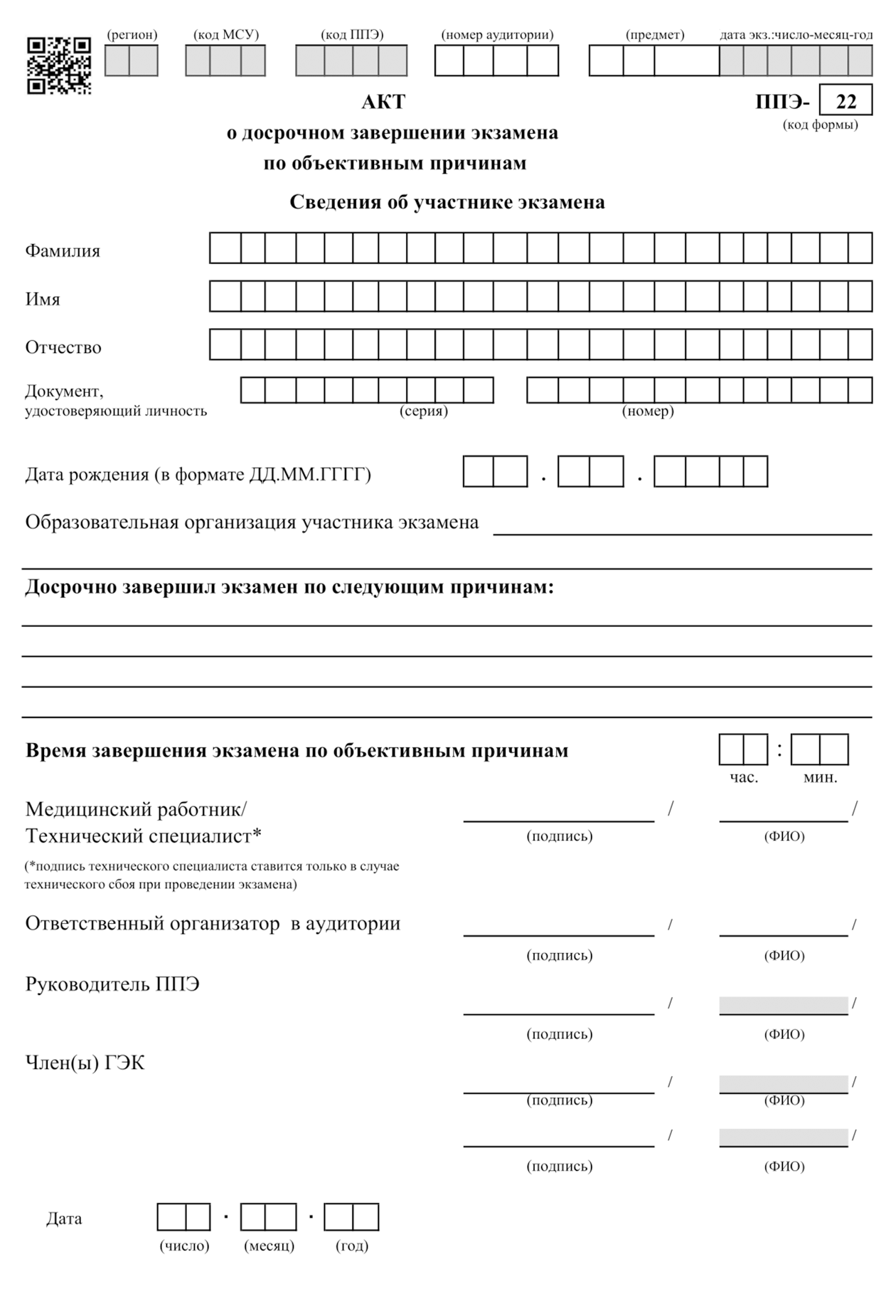 Акт о досрочном завершении экзамена. Источник: obrnadzor.gov.ru