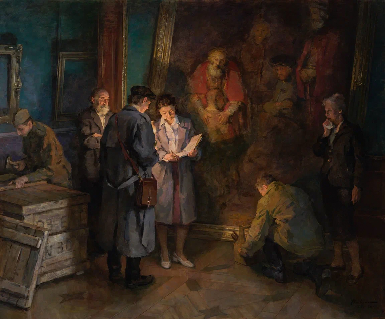 Ольга Волкова, «Эвакуация картины Рембрандта „Возвращение блудного сына“ во время ВОВ», 2023—2024 годы. © пресс-служба Екатеринбургского музея изобразительных искусств