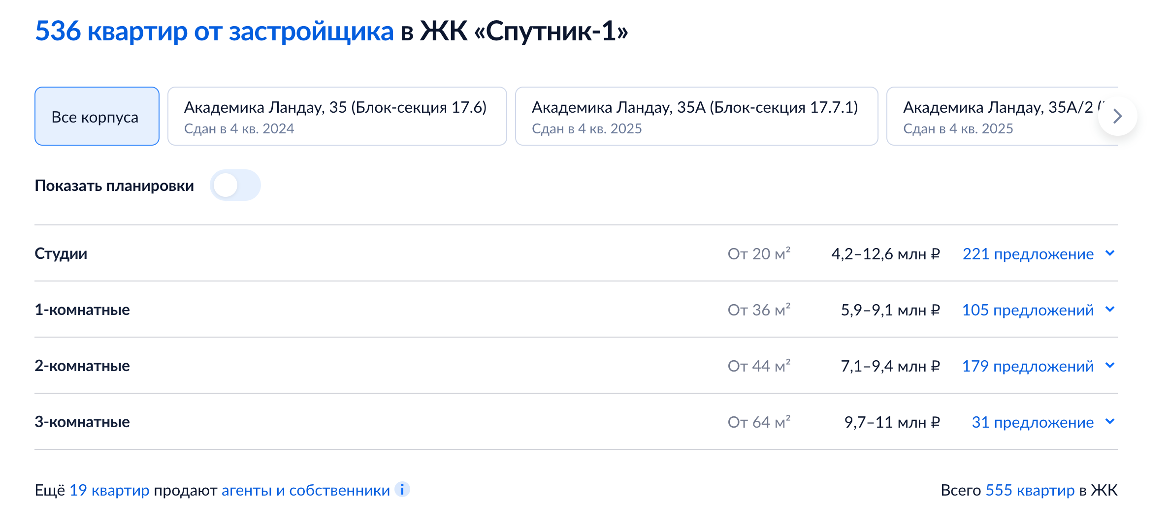 Цены на квартиры в квартале Спутник-1 в Академическом. © cian.ru