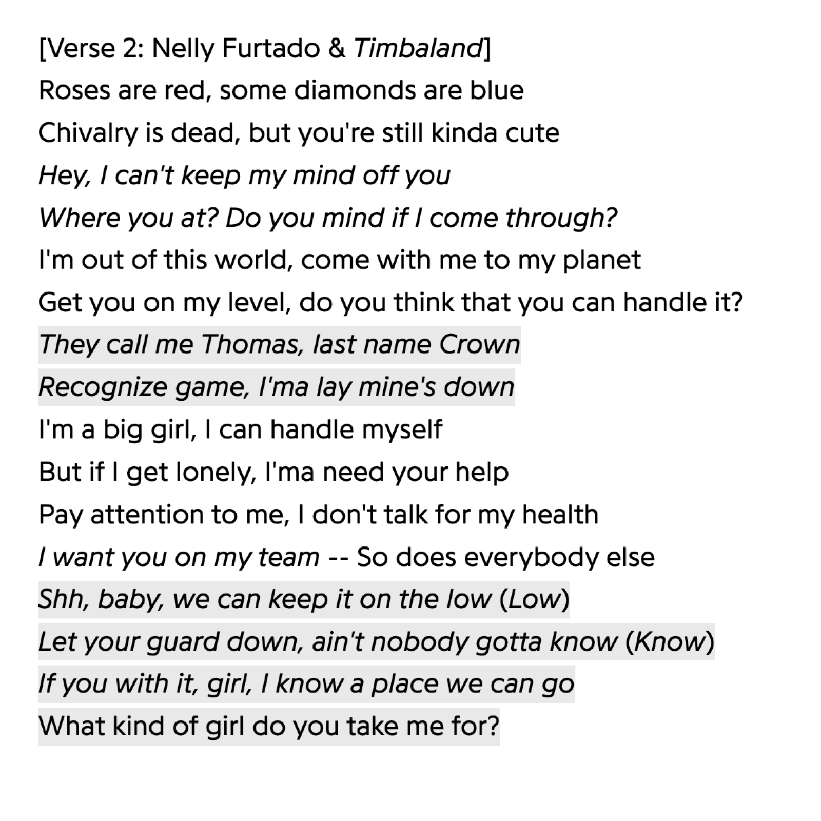 Текст песни Нелли Фуртадо и Тимбалэнда Promiscious. Источник: genius.com