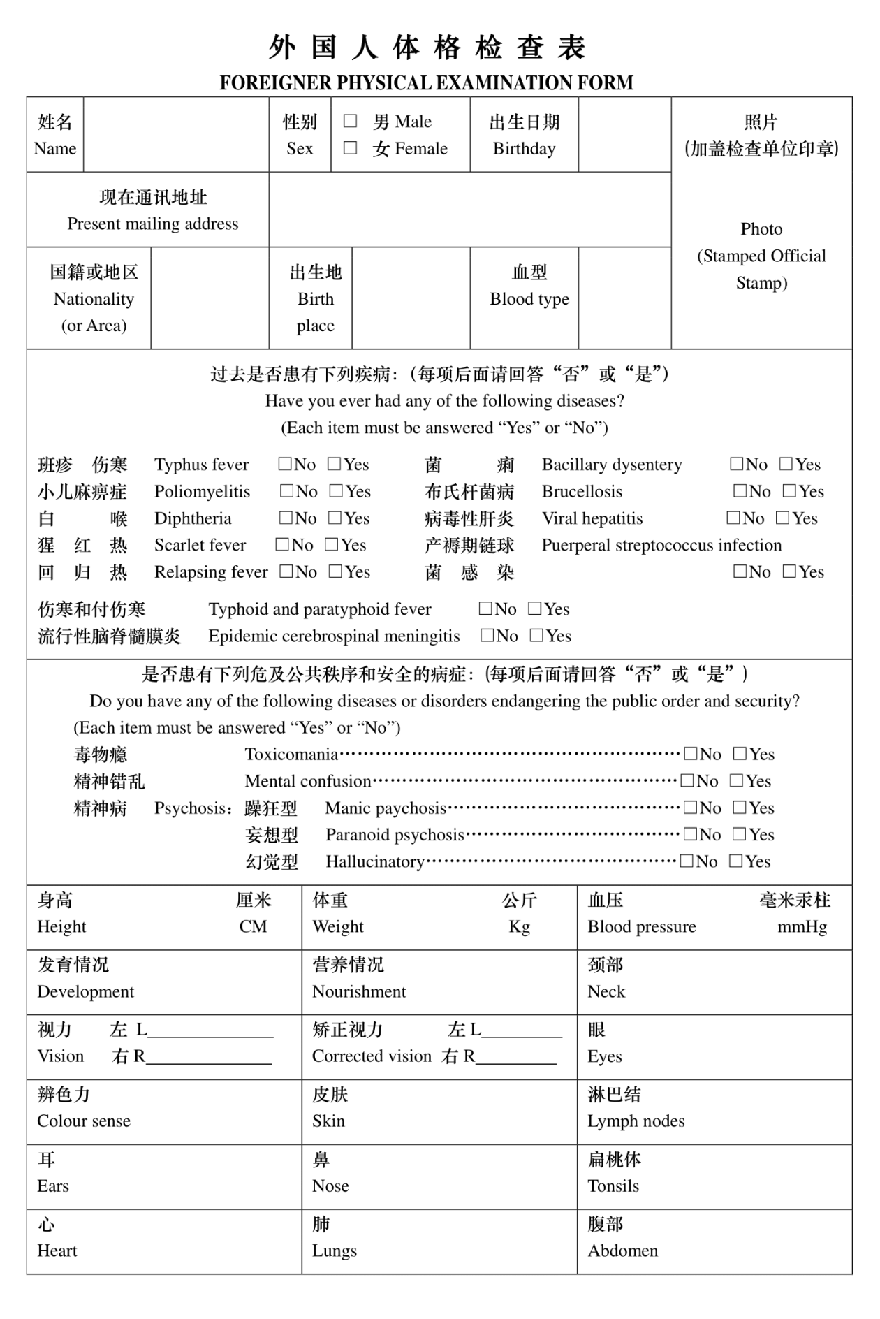 Первая страница медицинской справки Foreigner Physical Examination Form. Источник: visaforchina.cn