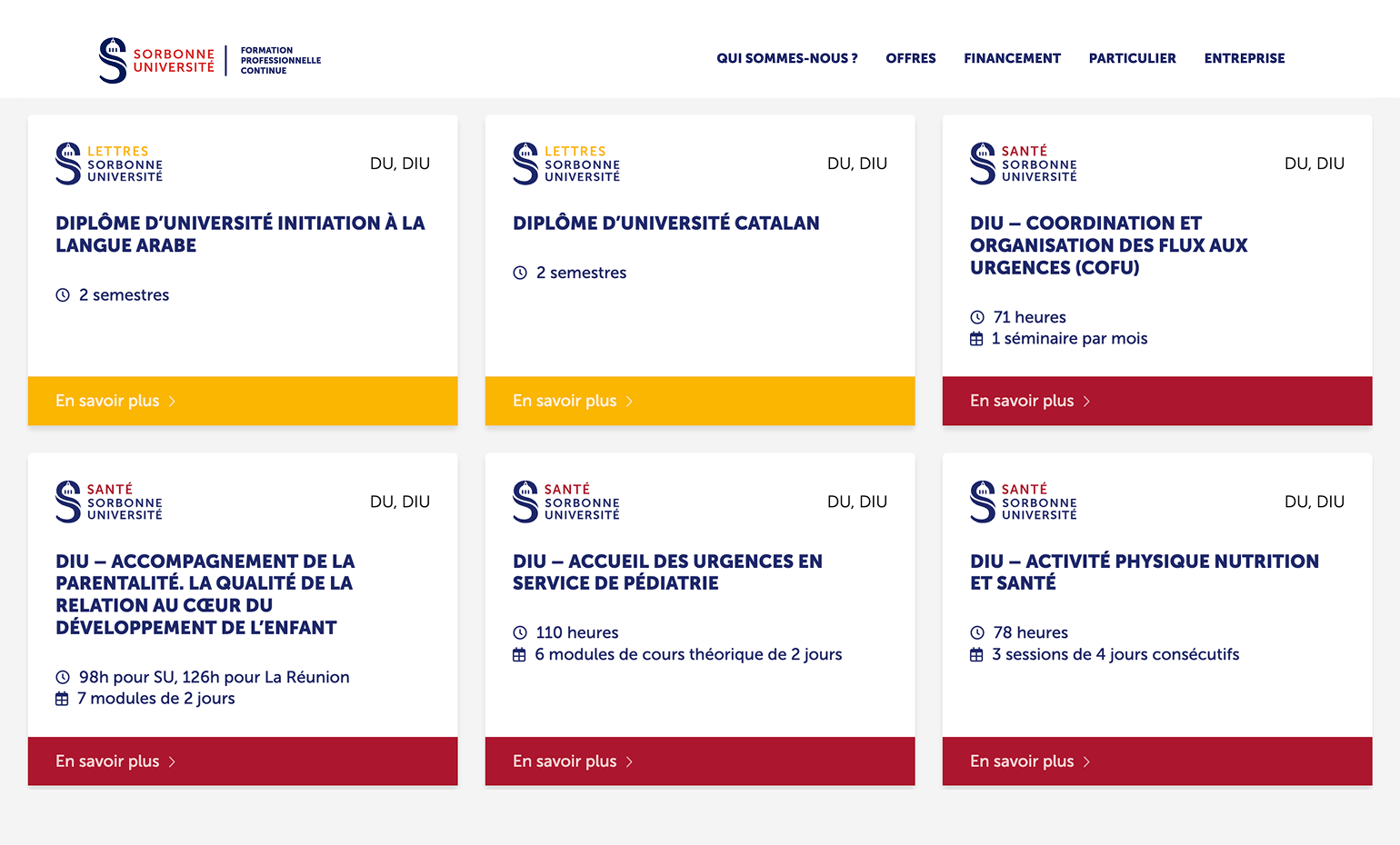 Специализированные подготовительные курсы DU при Университете Сорбонны, например, по арабскому языку и по координации экстренных ситуаций. Языковые длятся два семестра, а связанные с врачебным делом — от 71 до 126 академических часов