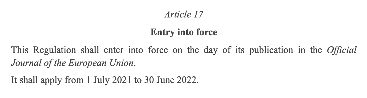 Документ о введении EU DCC от 14 июня 2021 года, срок действия которого закончится 30 июня 2022 года. Источник: eur-lex.europa.eu