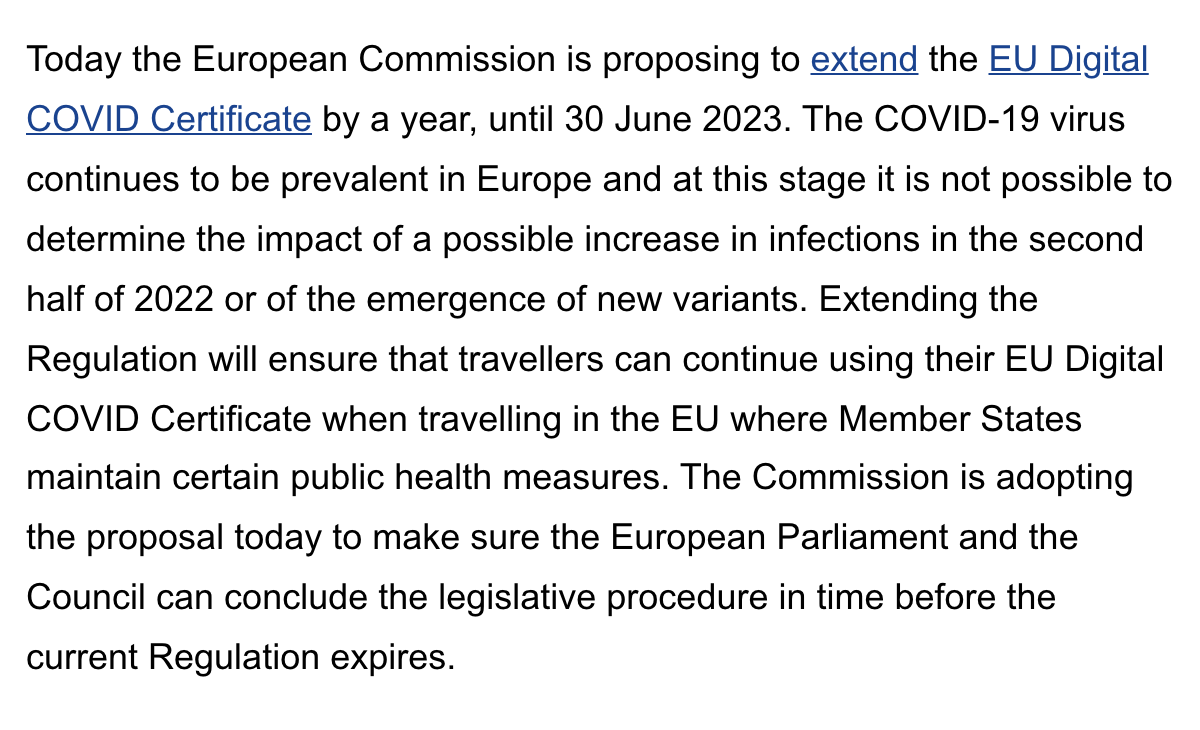 Предложение Еврокомиссии продлить документ о сертификатах EU DCC до 30 июня 2023 года. Источник: ec.europa.eu