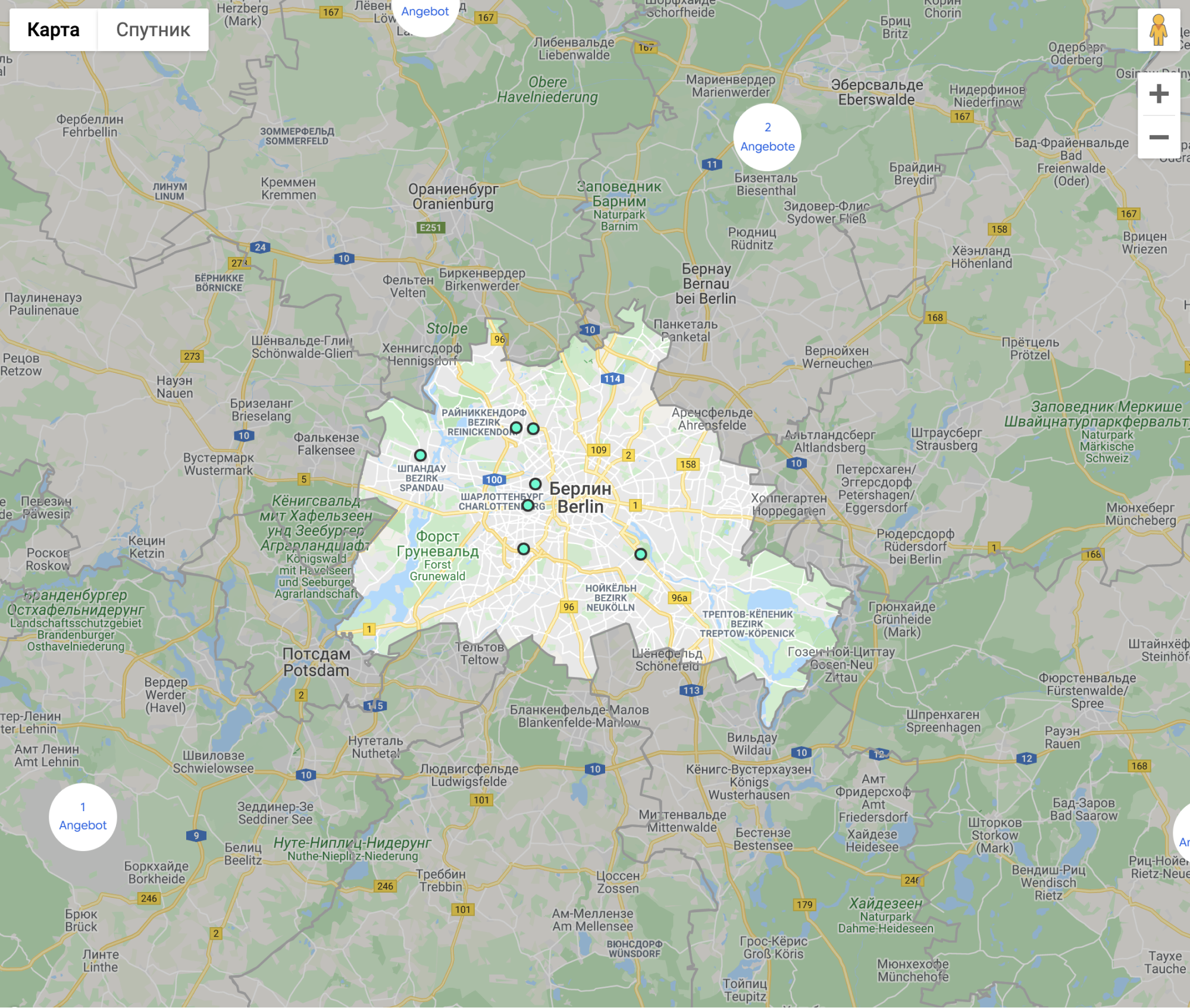 Так выглядит карта с предложениями квартир на сайте недвижимости Германии. Источник: immobilienscout24.de