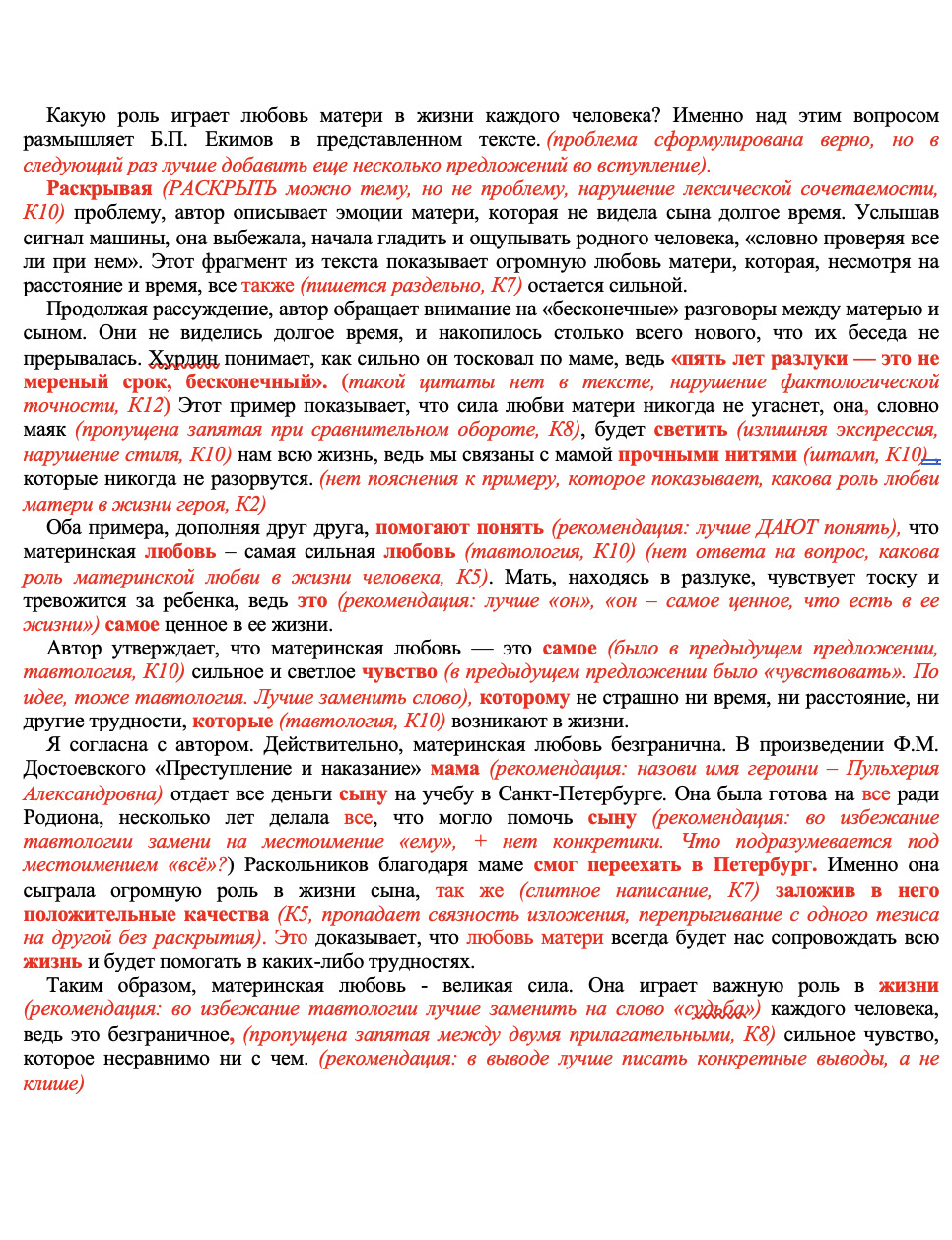 Пример проверки сочинения по русскому языку