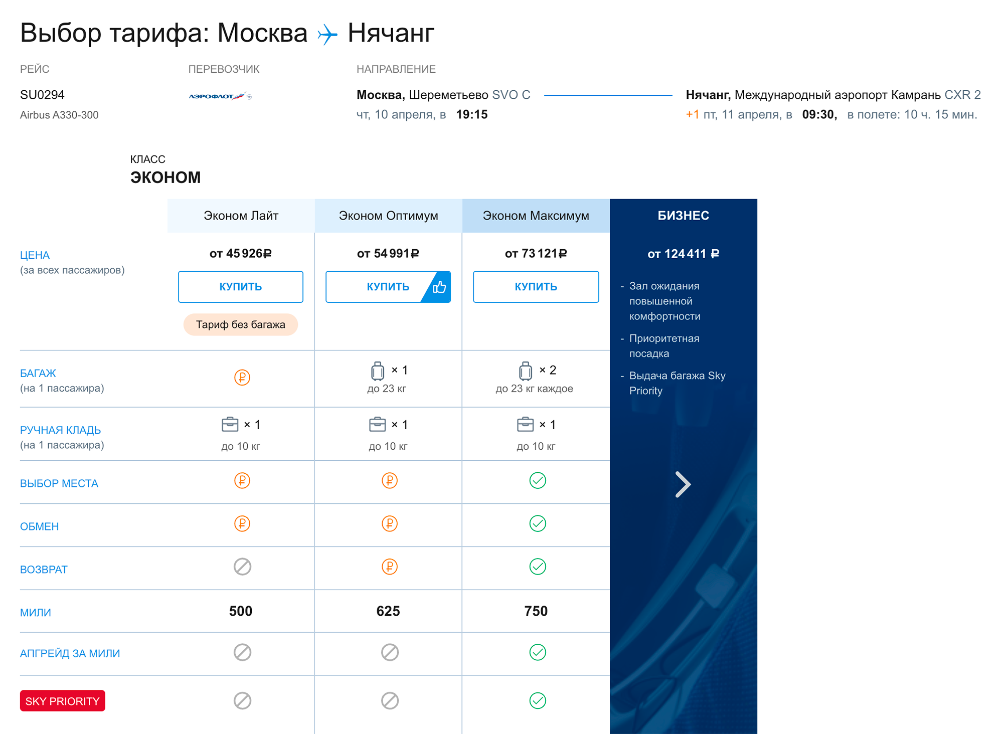 Билет с багажом из Москвы в Нячанг у «Аэрофлота» можно купить за 54 991 ₽. Источник: aeroflot.ru