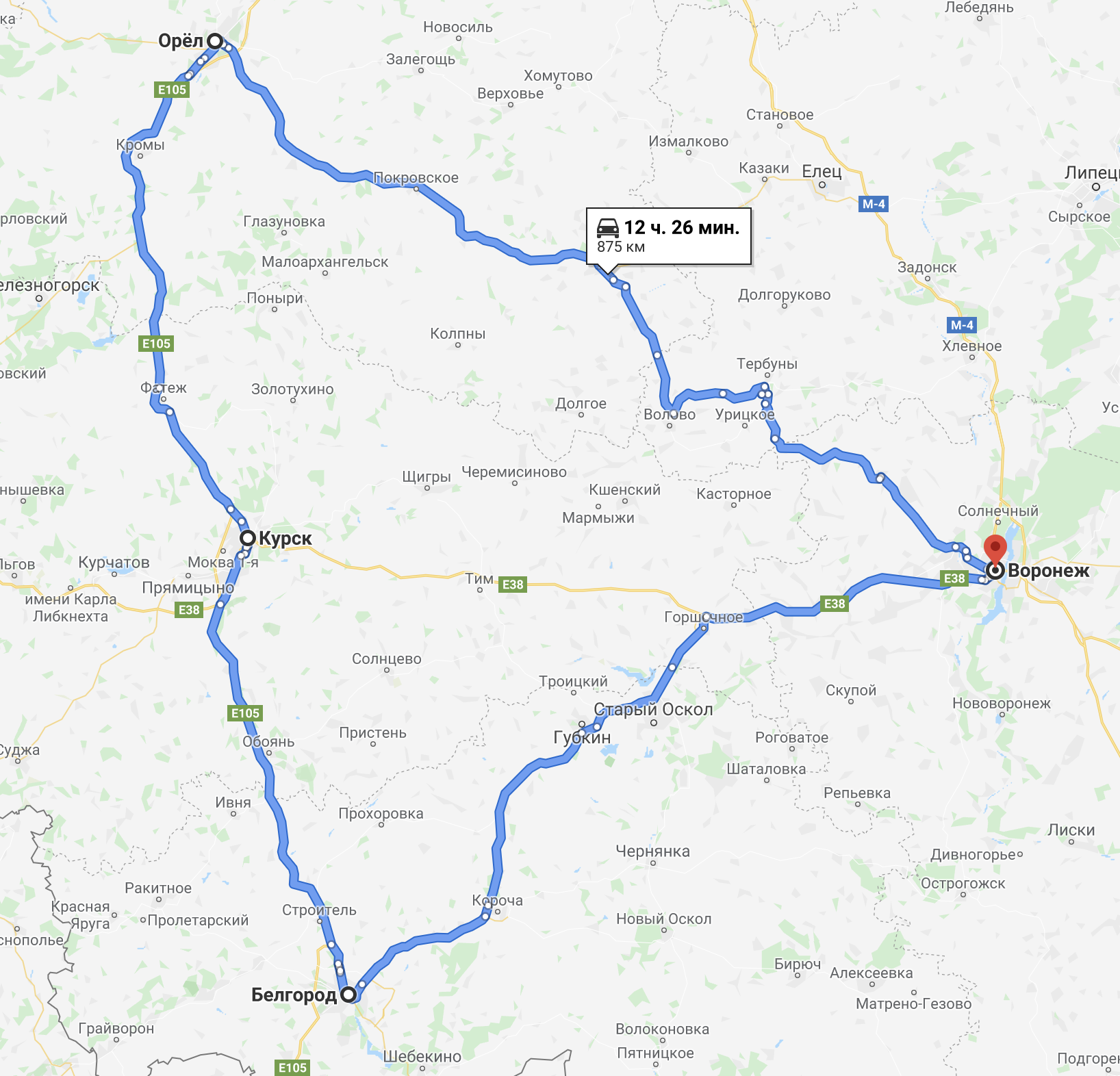 Круговой маршрут: из Воронежа выехали, сделали круг по трем городам и вернулись. Пробег всего 875 км