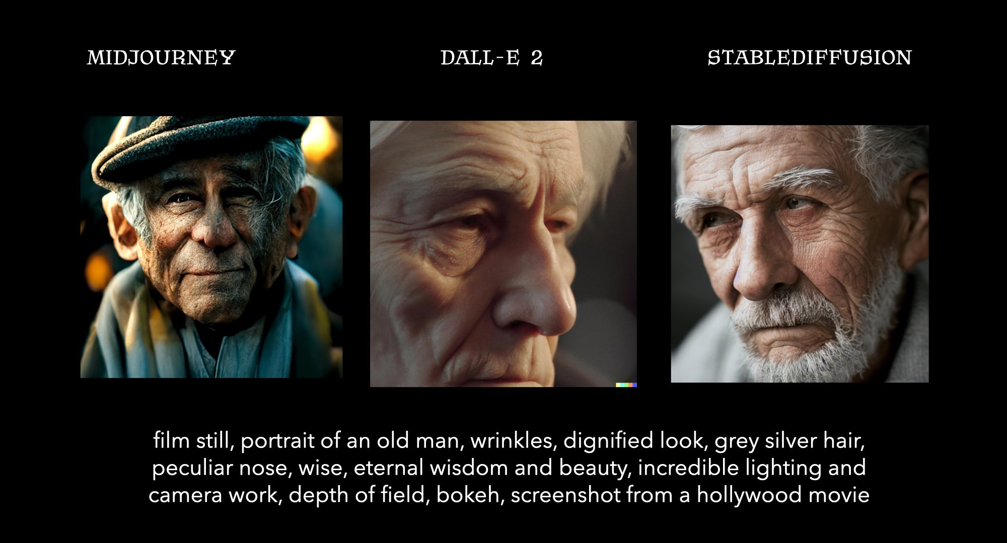 Попытка сделать портрет пожилого мужчины в трех сервисах для генерации картинок. Источник: twitter.com