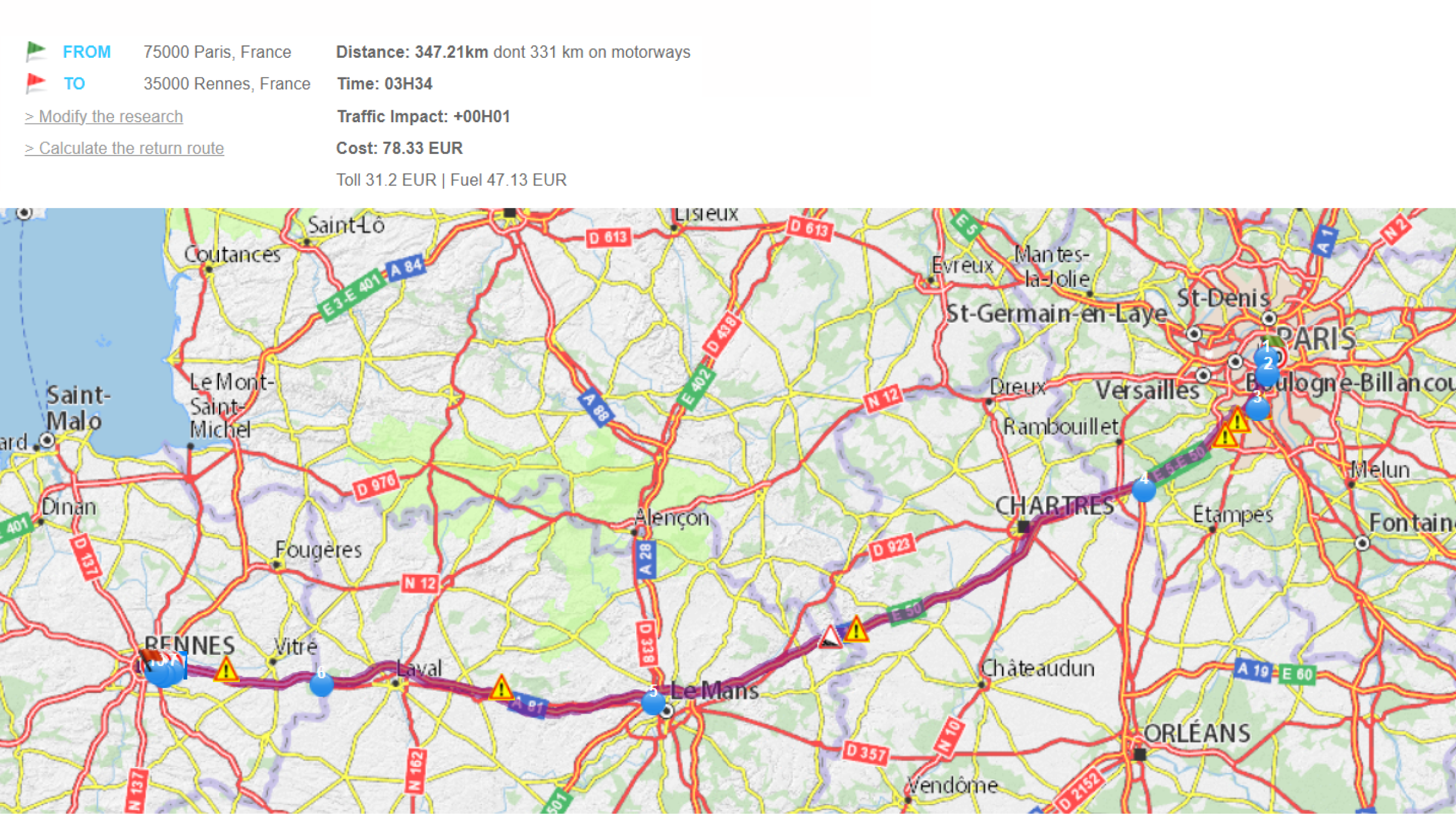 Участок автомобильного сообщения между Парижем и Ренном с официального сайта