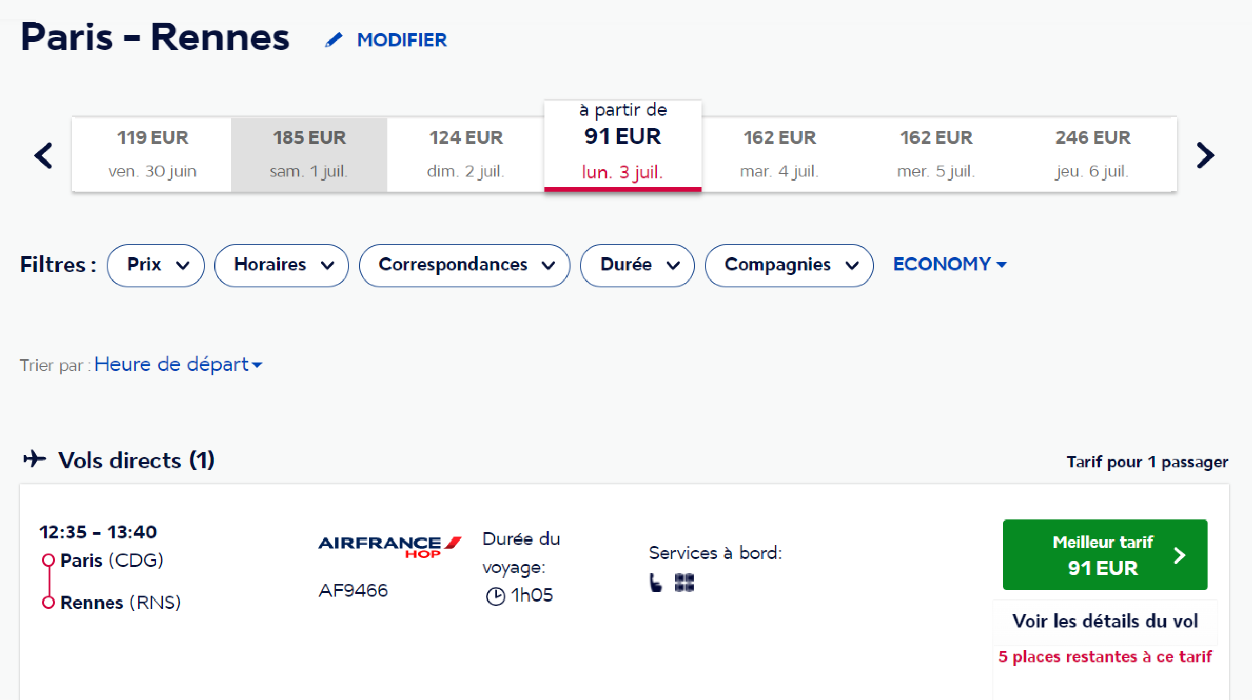 Цены на перелеты между городами на сайте Air France