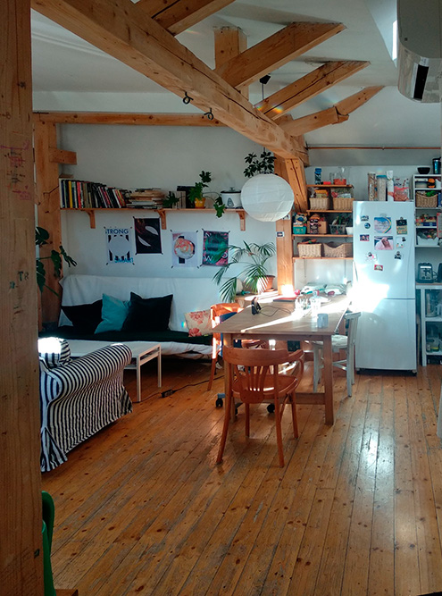 Типичная квартира в центре: деревянный пол, кухня совмещена с гостиной. Такую часто снимают три⁠-⁠четыре студента или молодых специалиста