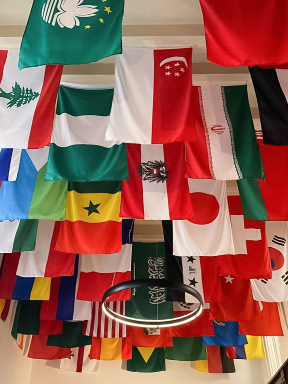 На потолок корпуса вывешивают флаги всех стран, откуда приезжают ребята