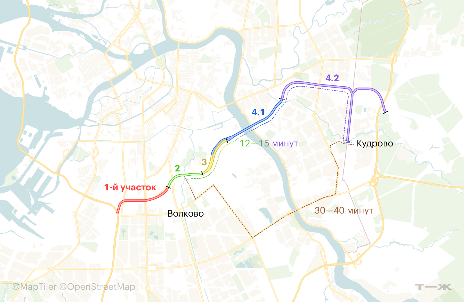 В августе 2026 года из Волкова в Кудрово можно добраться за 30—40 минут, после открытия четвертого участка ШМСД время в пути сократится до 12—15 минут