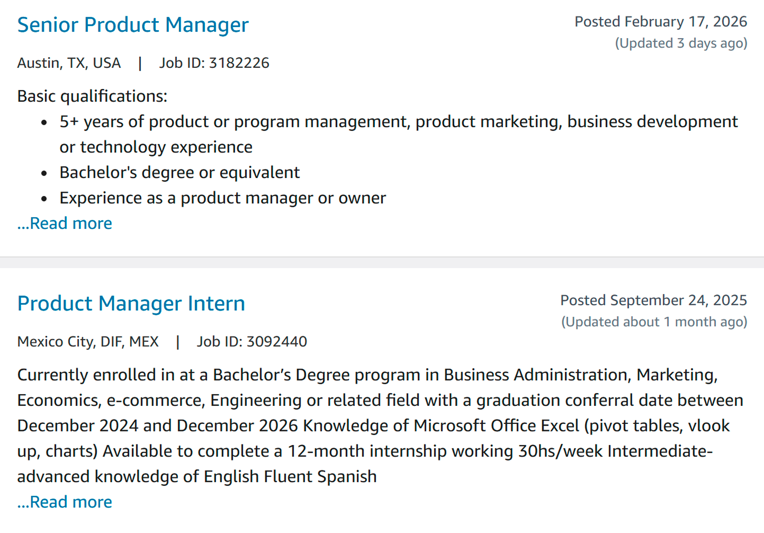 «Амазон» нередко публикует вакансии продуктовых менеджеров. В 2026 году они требуются в США