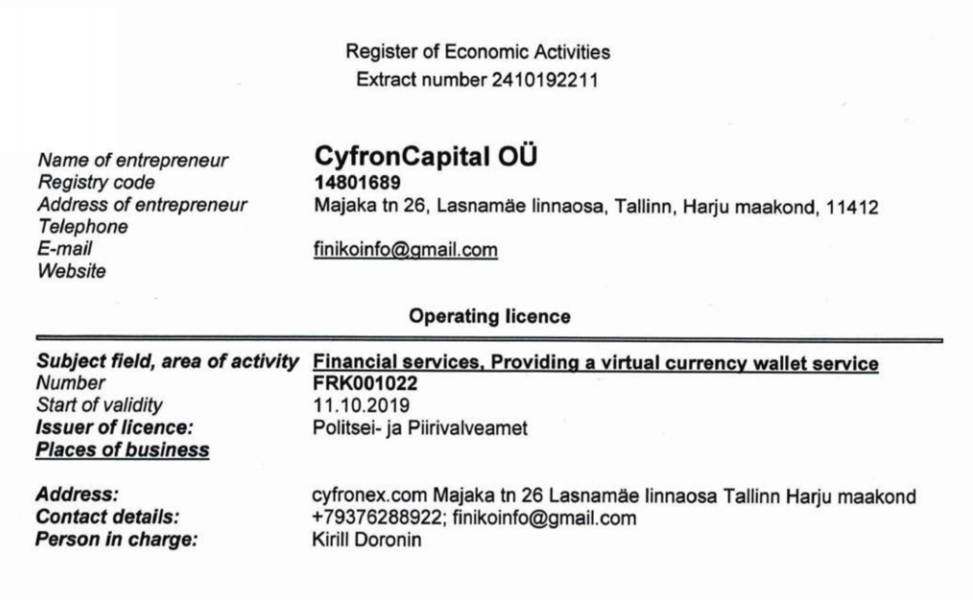Сайт thefiniko.com указывает в качестве юрлица компанию CyfronCapital OÜ, которая зарегистрирована в Эстонии и имеет лицензию на финансовую деятельность