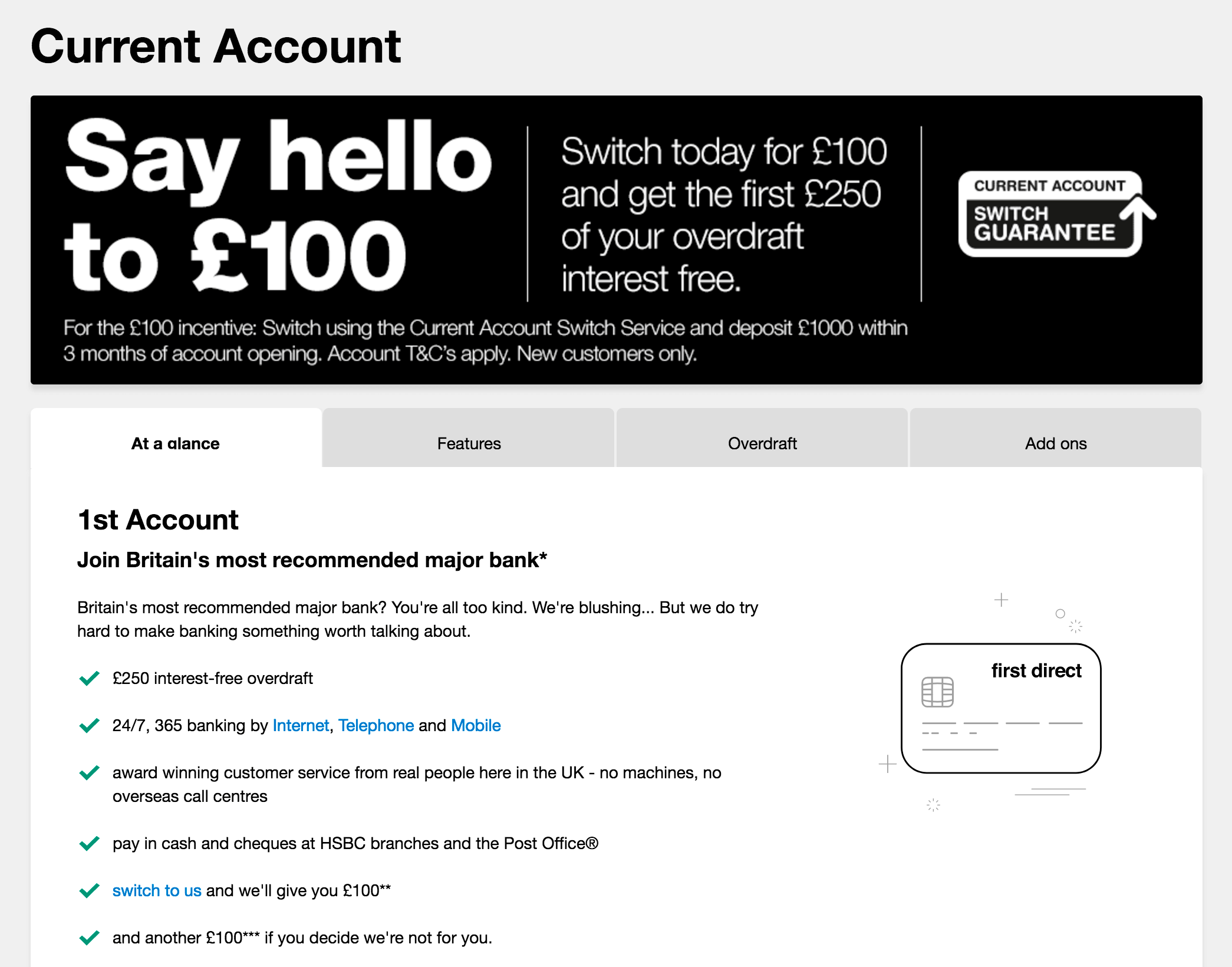 100 £ на счет новым клиентам предлагает банк First Direct