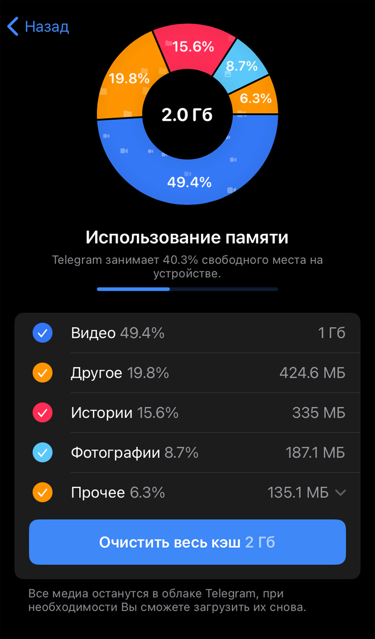 В примере на скриншоте видео занимают 1 Гб — половину от всего кэша
