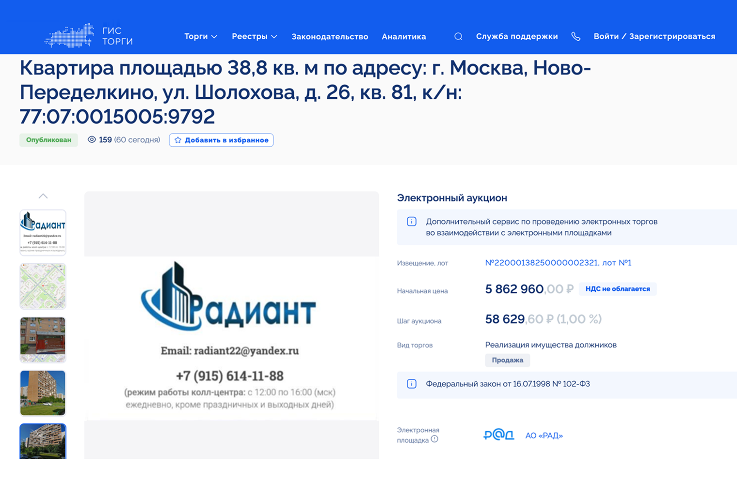 Так выглядит лот на сайте ГИС «Торги»