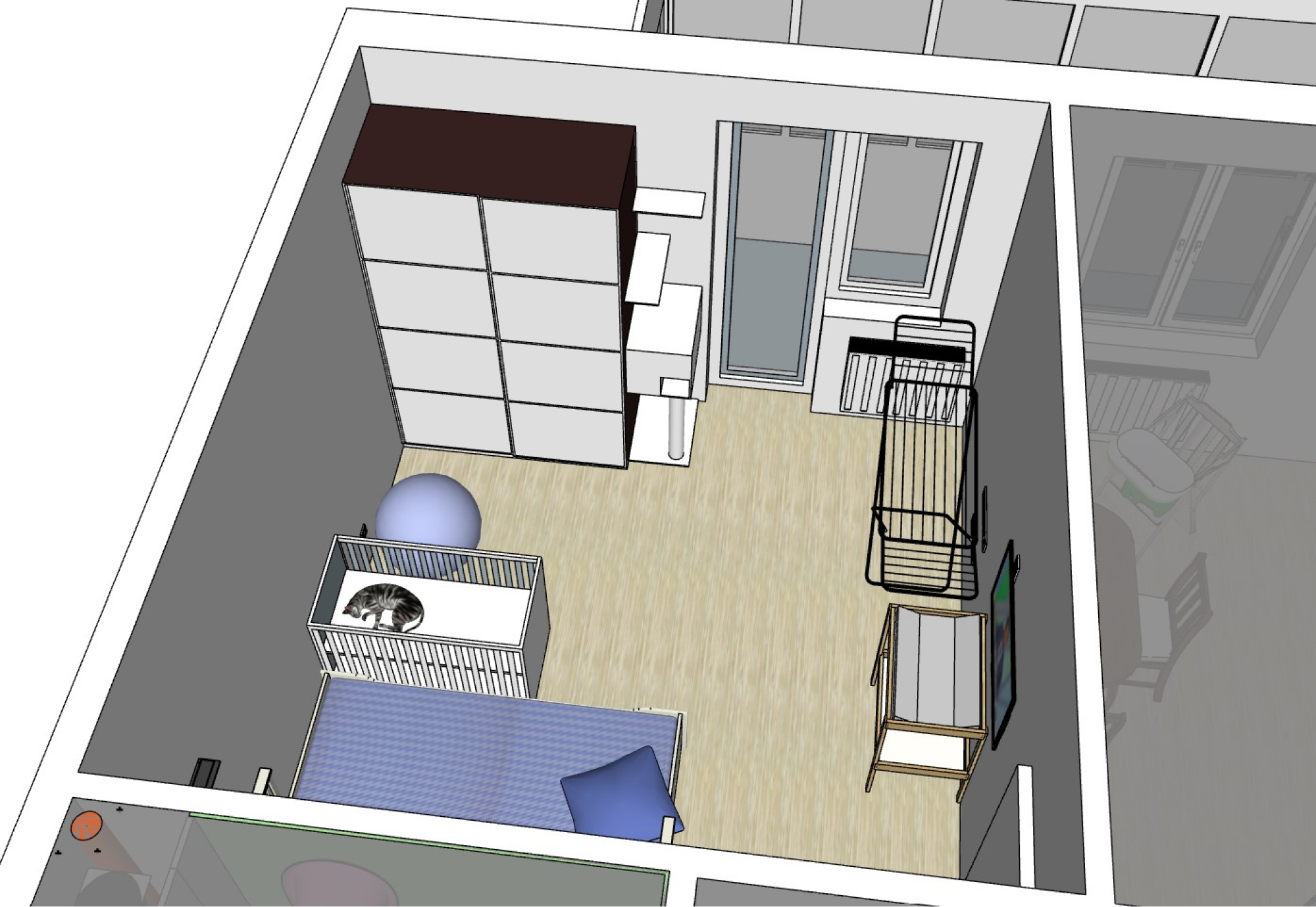 Мой муж нарисовал примерную схему нашей квартиры в программе «Скетчап». Вот как выглядит спальня в доме, где живет ребенок
