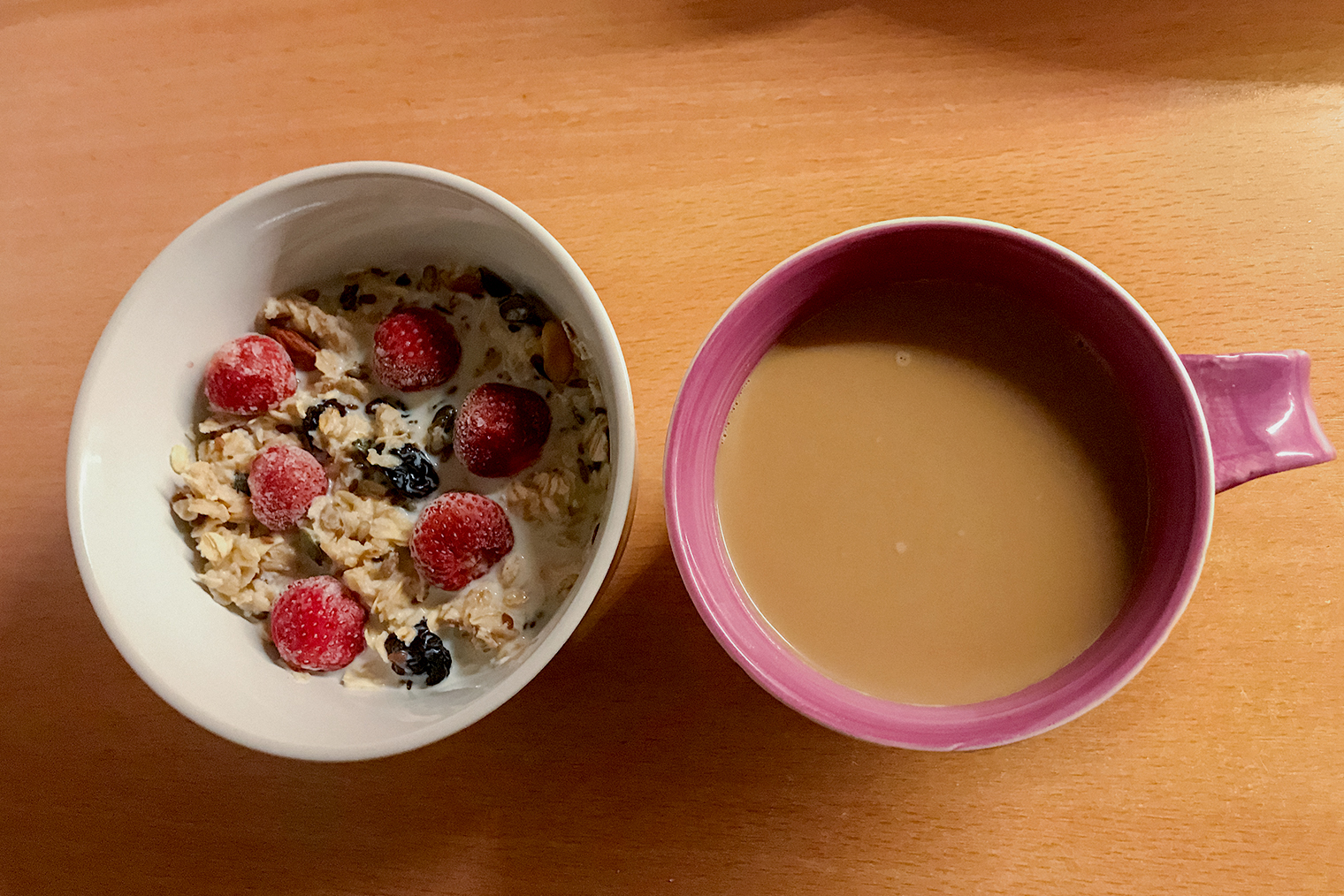 Мой обычный завтрак — домашние мюсли с ягодами и чашка кофе