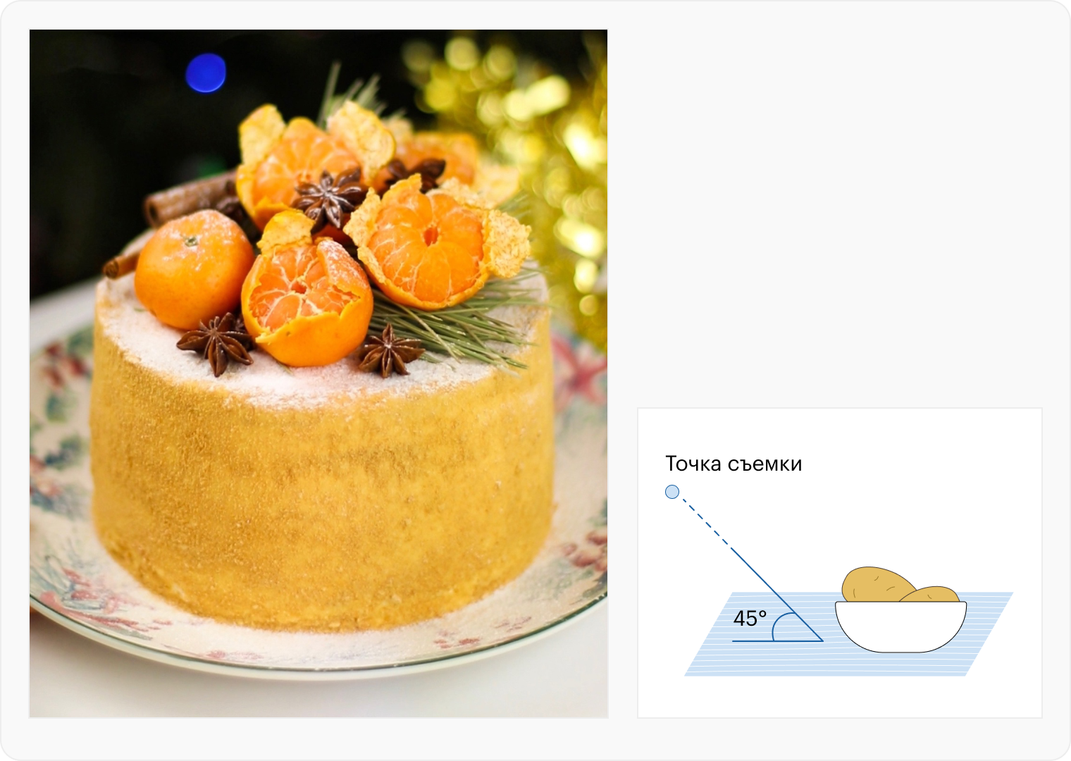 С диагонального ракурса хорошо виден декор на торте, можно рассмотреть дольки мандаринов и специи. Фон я размыла, чтобы он не перетягивал внимание с десерта на себя