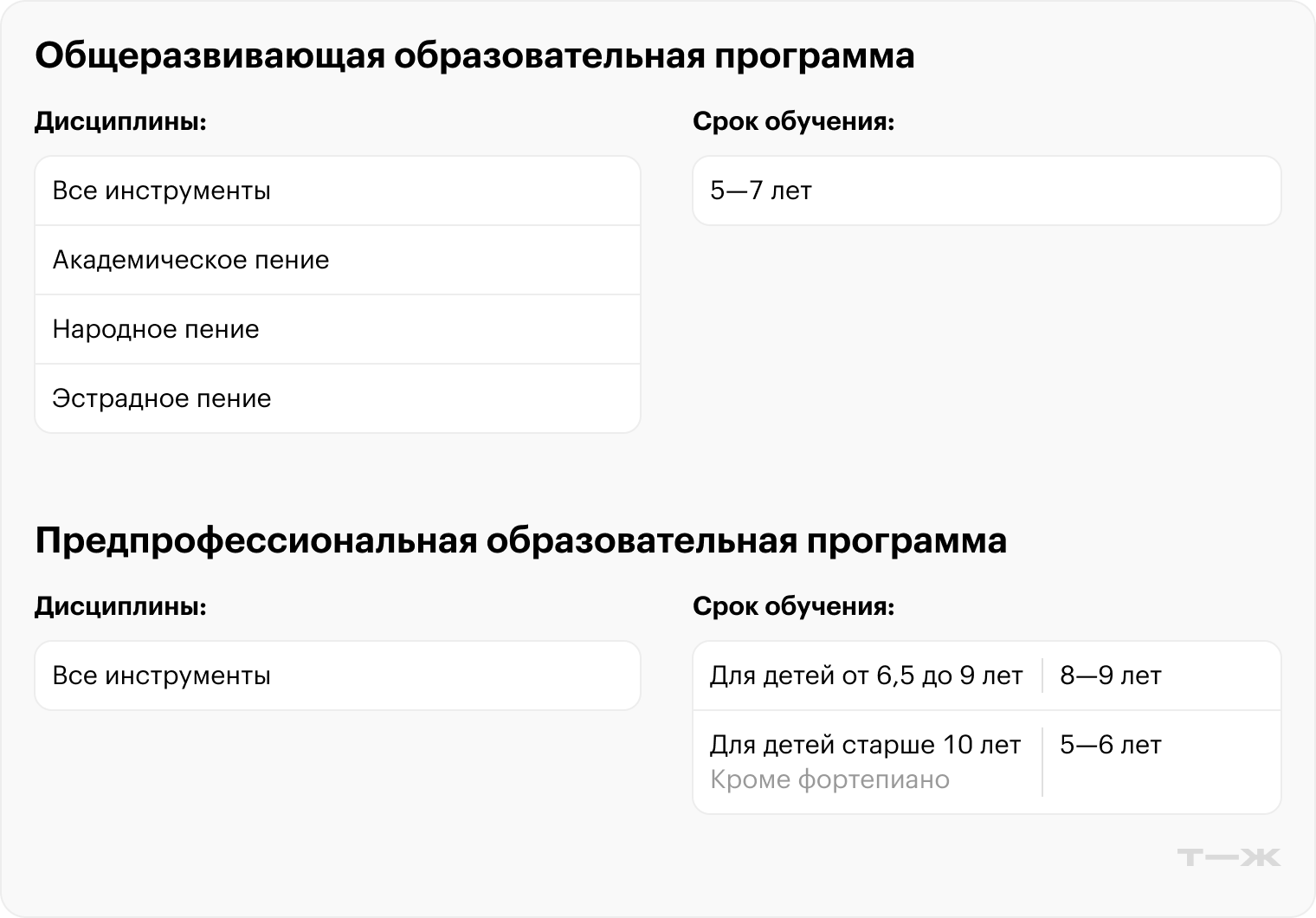 Предпрофессиональную программу осваивают дети, которые готовятся к поступлению в профильные вузы и хотят построить музыкальную карьеру. Общеразвивающая программа построена чуть более лояльно. Источник: shalyapin.music.mos.ru