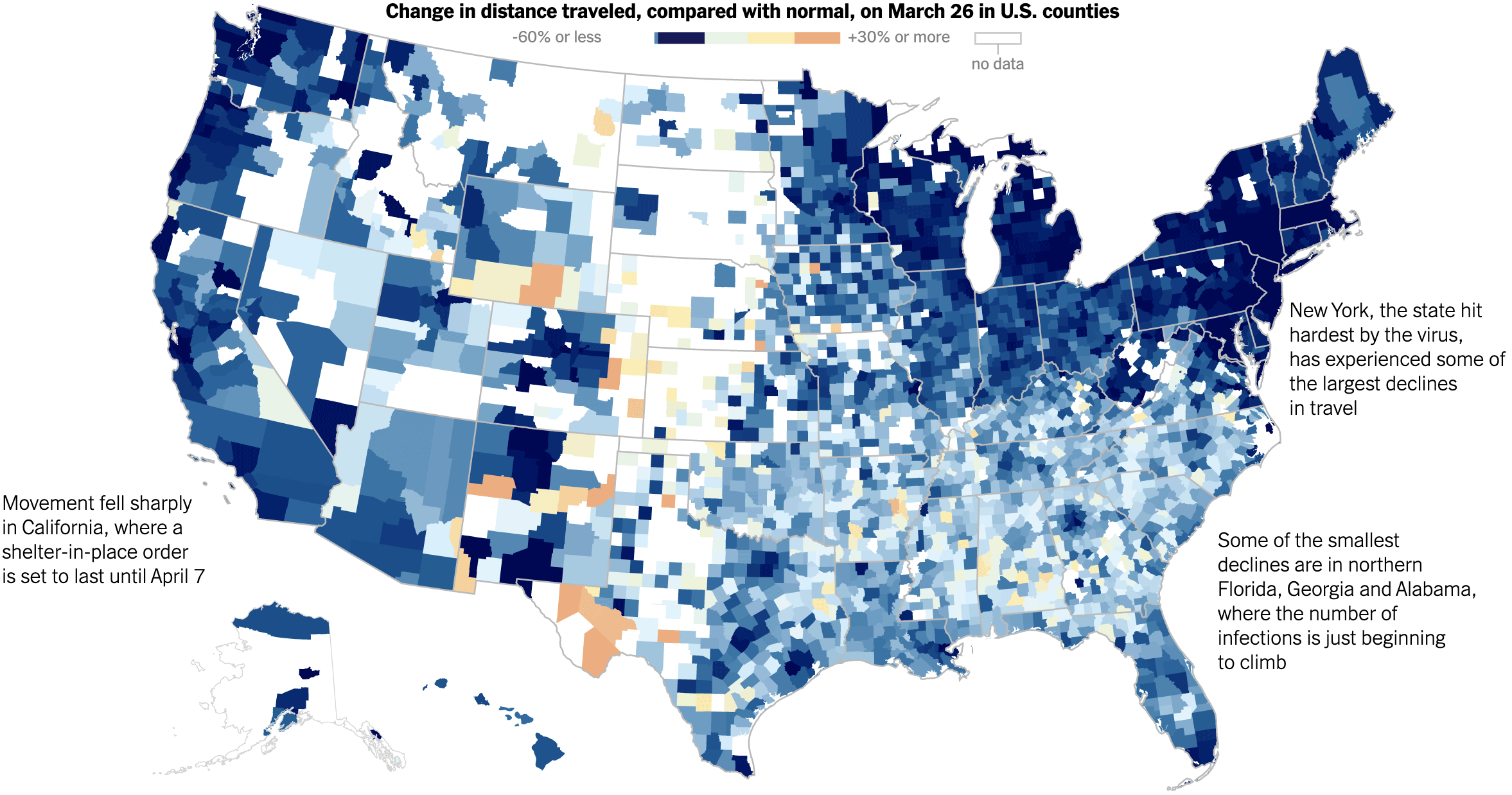 Разница в расстоянии, на которое жители разных округов США путешествовали 26 марта 2020 года, по сравнению с обычными показателями. Темно-синий и синий — снижение на 60% или еще сильнее, бежевый и розоватый — рост на 30% относительно обычных показателей. Источник: The New York Times