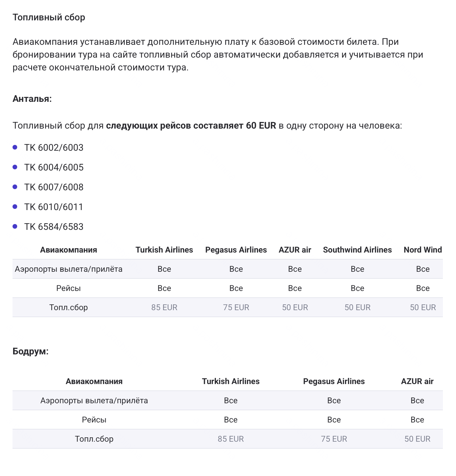Anex Tour указывает размер сбора для перелетов в Турцию. © anextour.ru